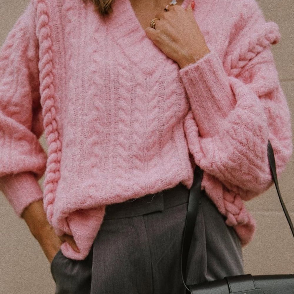 Zara oversized pink braided v neck sweater small - Picture 2 of 11